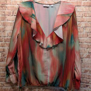Sweet Pea Blouse Multicolor V-Neck With Ruffle Long Sleeve Size XL